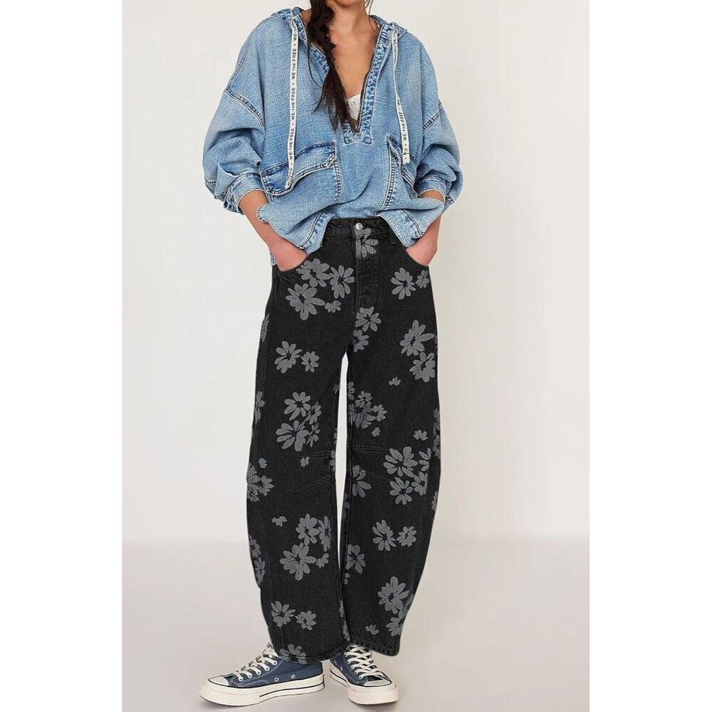 Women's Baggy Wide Leg Denim Pants Floral Prints High Rise Casual jeans - Picture 3 of 7